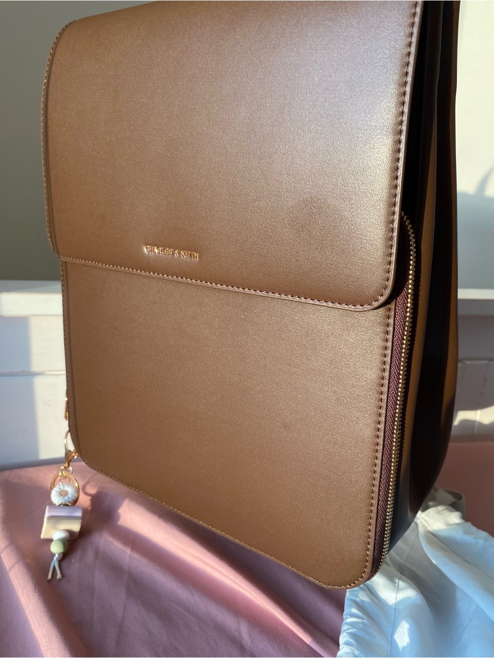 CHARLES & KEITH Brown Structured Laptop Bag with Charm